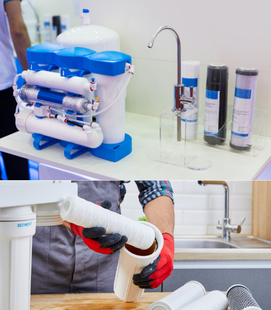 Technician inspecting an RO filter cartridge